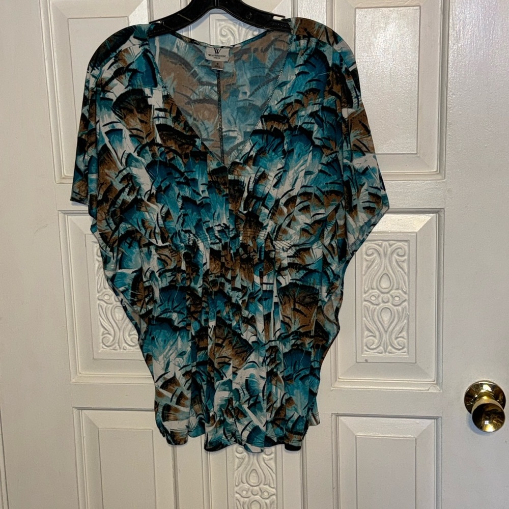 Worthington Stretch Blue/Brown Design Batwing Sleeved Top Size Small